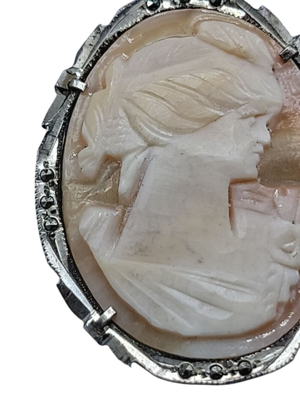 Antique 800 Silver Shell Cameo Brooch Italian Marcasite Studded Thin Delicate - Picture 8 of 12